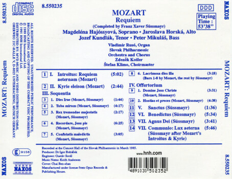 Mozart (Hajóssyová, Horská, Kundlák, Mikuláš, Slovak Philharmonic Orchestra, Slovak Philharmonic Chorus, Zdeněk Košler) "Requiem" CD