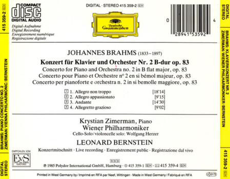 Brahms, Krystian Zimerman, Wiener Philharmoniker, Leonard Bernstein "Klavierkonzert No. 2" CD